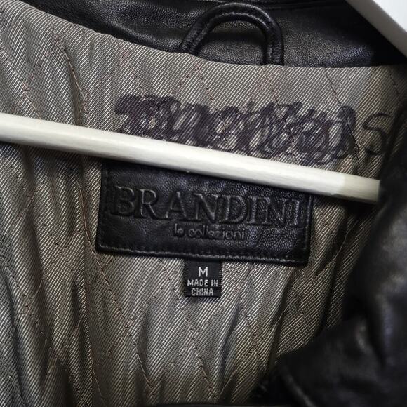 Le Collezioni Brandini Jacket Size Medium Mens Black Leather 2 Pocket Zip Lined - Picture 3 of 13